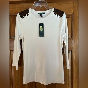 Lauren Ralph Lauren Cream Long Sleeve Top with Brown Accents